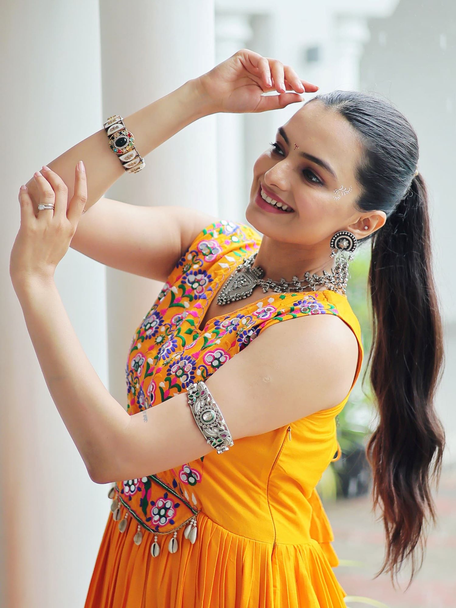 Yellow Rayon Kutchi Gamthi Mirror Work Embroidered Sleeveless Gown