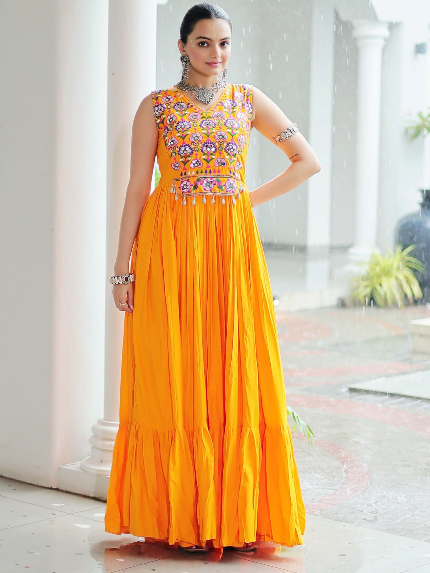 Yellow Rayon Kutchi Gamthi Mirror Work Embroidered Sleeveless Gown