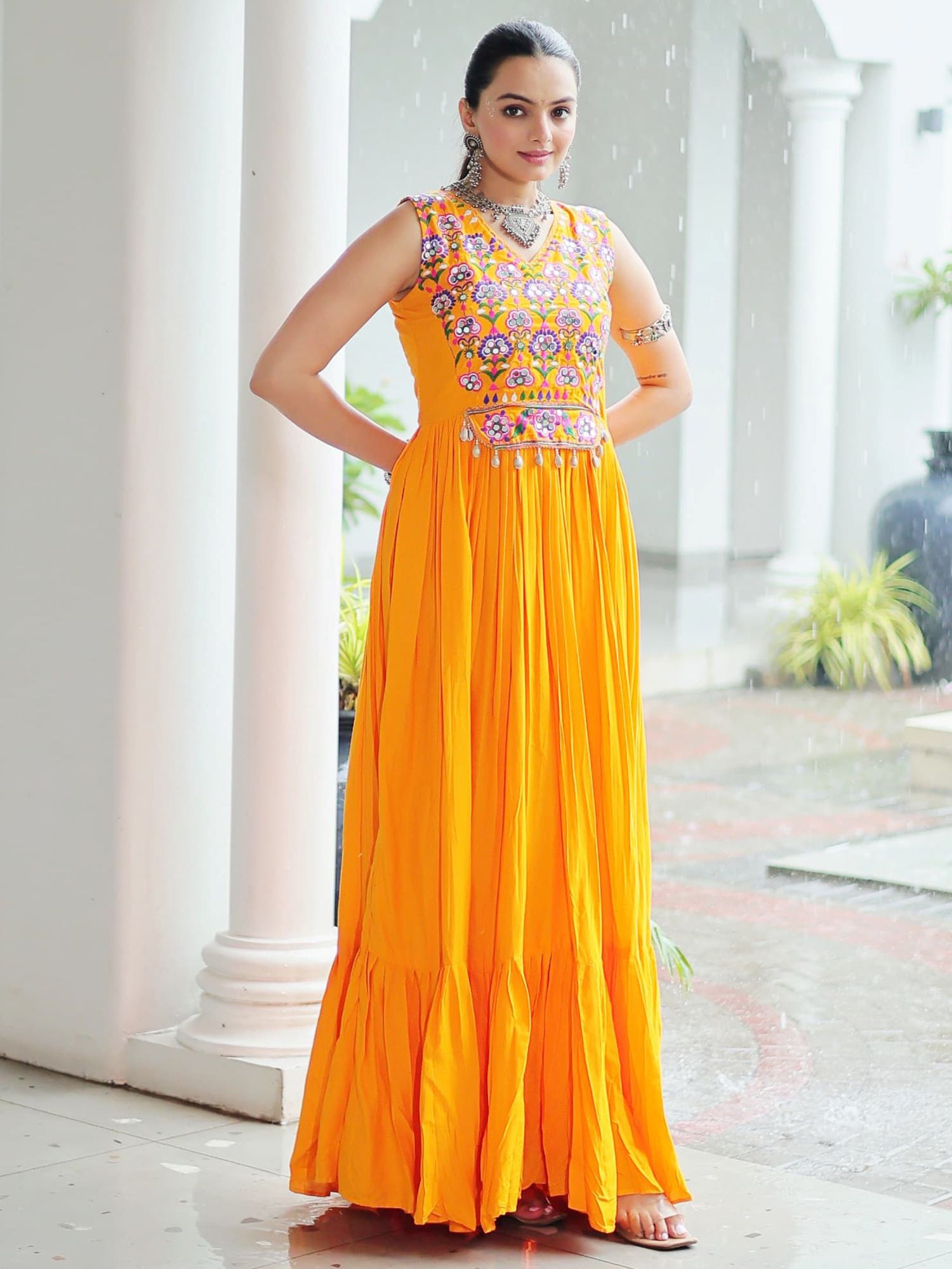 Yellow Rayon Kutchi Gamthi Mirror Work Embroidered Sleeveless Gown