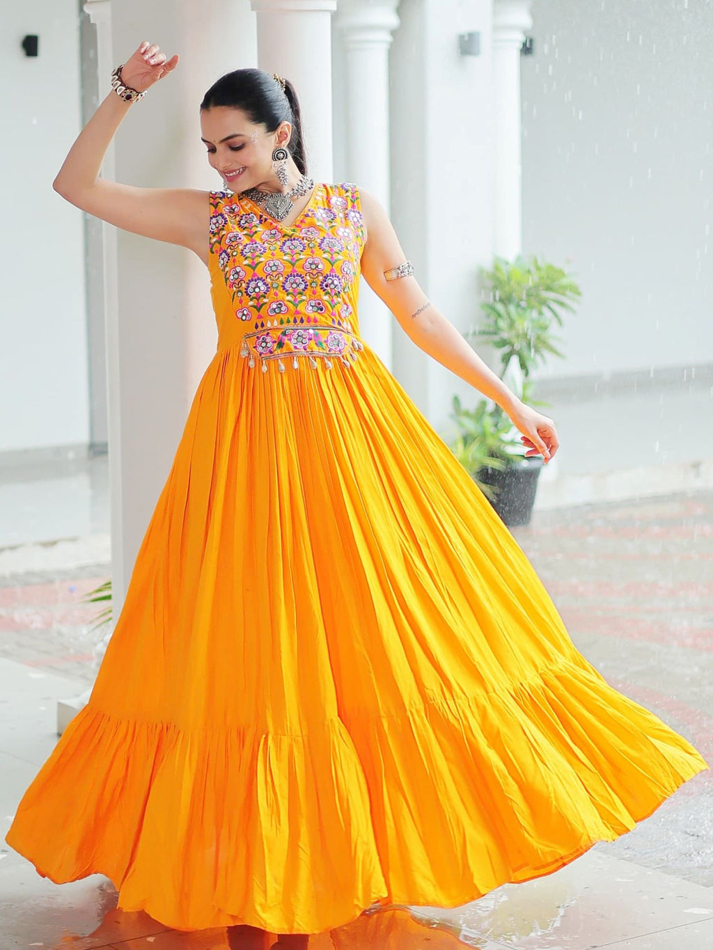 Yellow Rayon Kutchi Gamthi Mirror Work Embroidered Sleeveless Gown