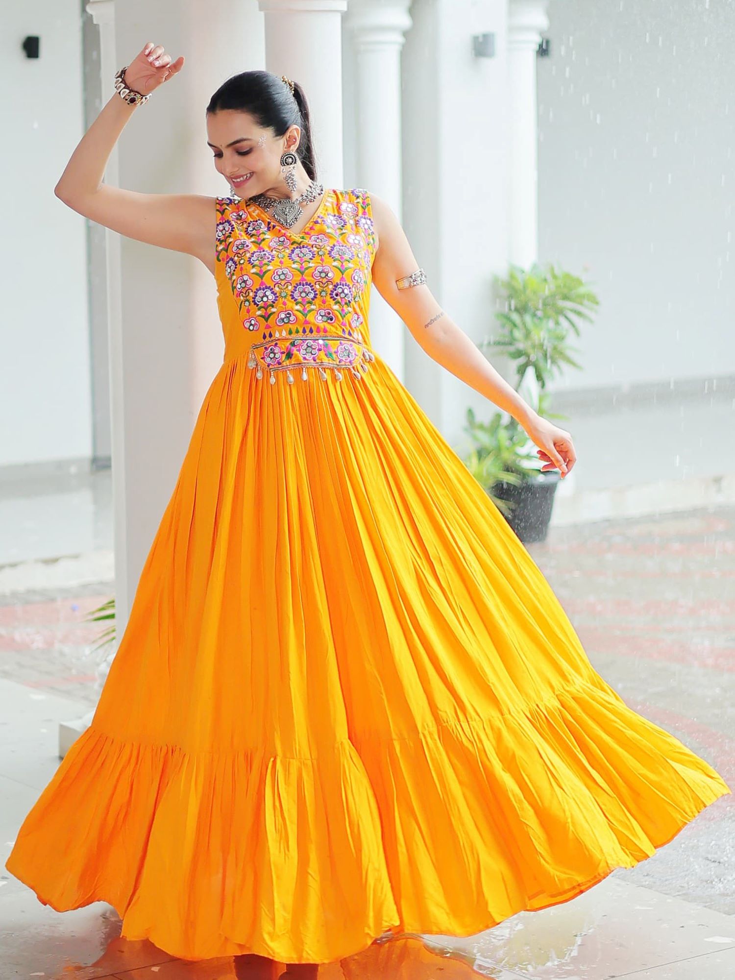 Yellow Rayon Kutchi Gamthi Mirror Work Embroidered Sleeveless Gown