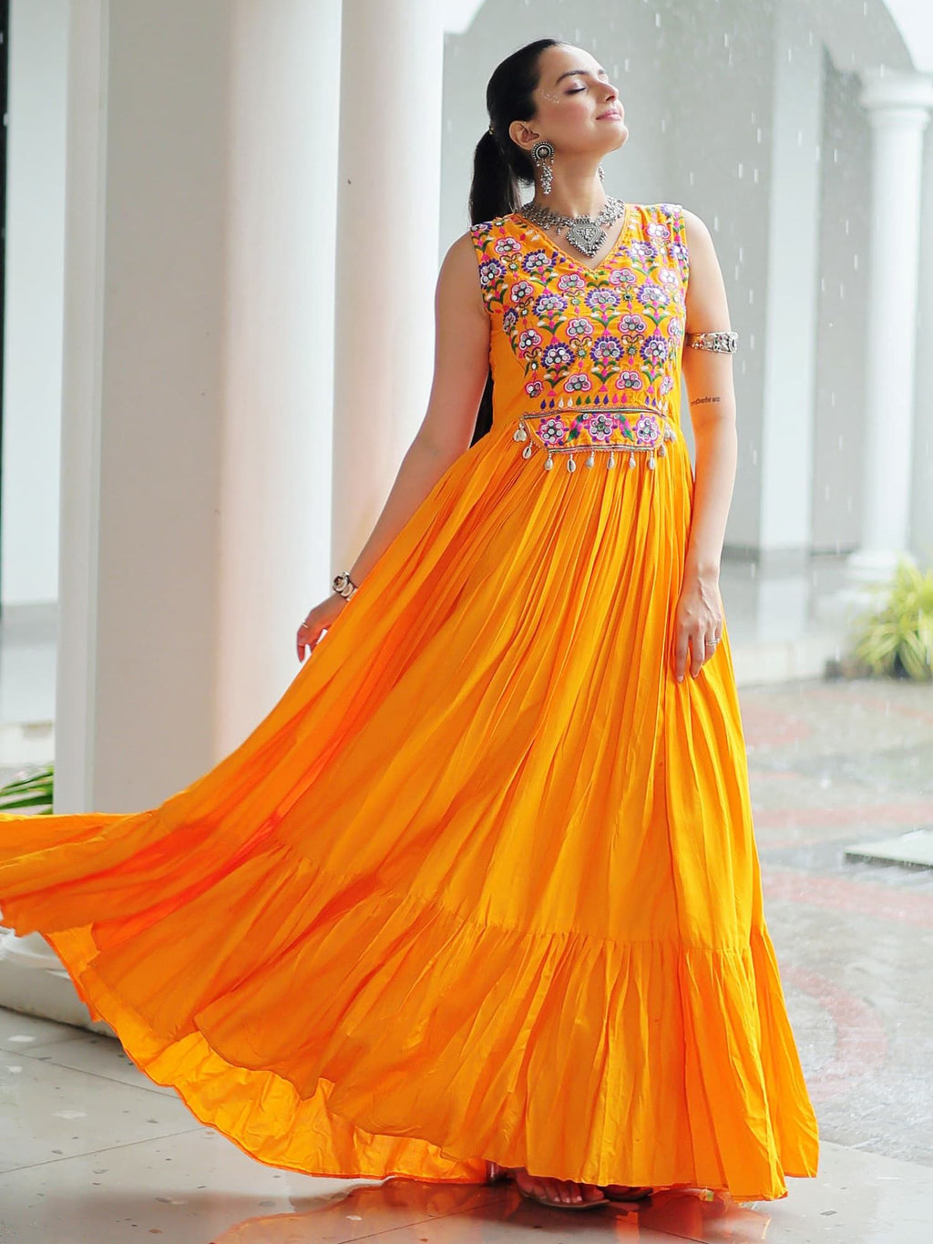 Yellow Rayon Kutchi Gamthi Mirror Work Embroidered Sleeveless Gown