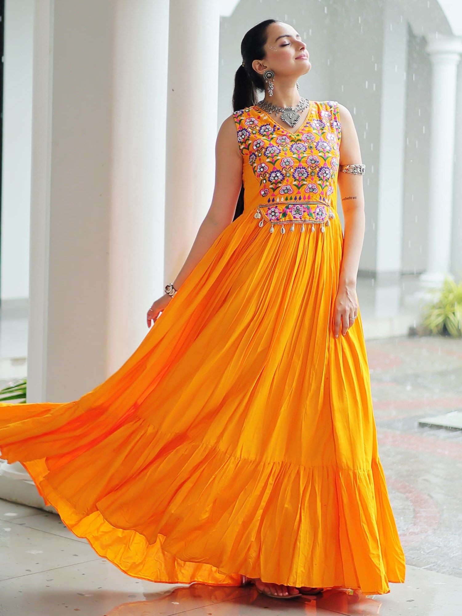 Yellow Rayon Kutchi Gamthi Mirror Work Embroidered Sleeveless Gown