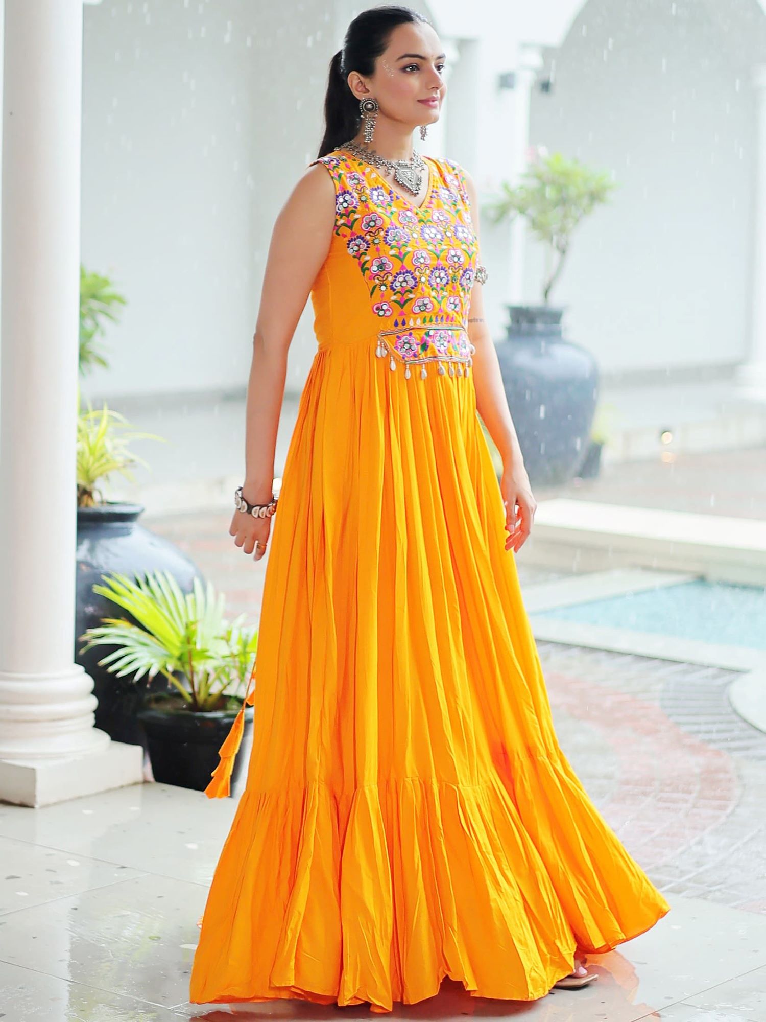 Yellow Rayon Kutchi Gamthi Mirror Work Embroidered Sleeveless Gown