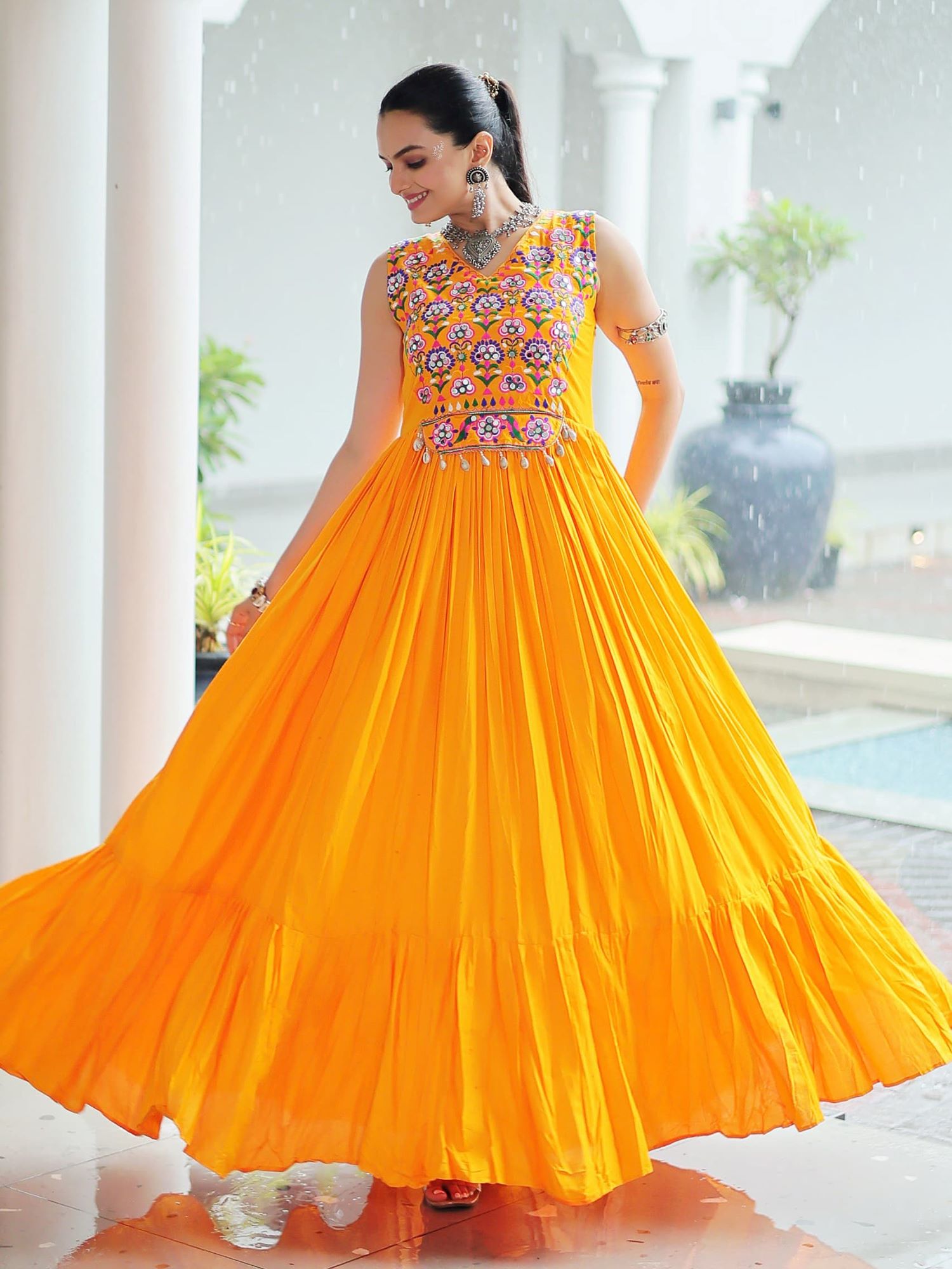 Yellow Rayon Kutchi Gamthi Mirror Work Embroidered Sleeveless Gown