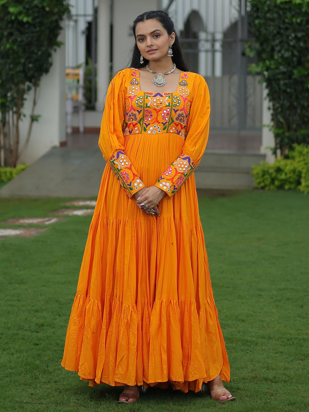 Yellow Rayon Kutchi Gamthi Work Flair Navratri Wear Gown