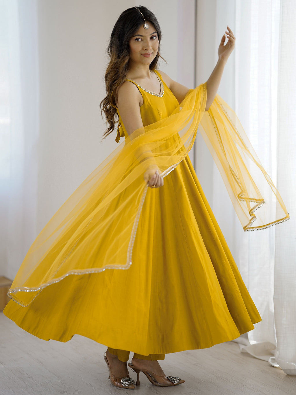 Yellow Roman Silk Chanderi Mirror Lace Anarkali Suit with Dupatta