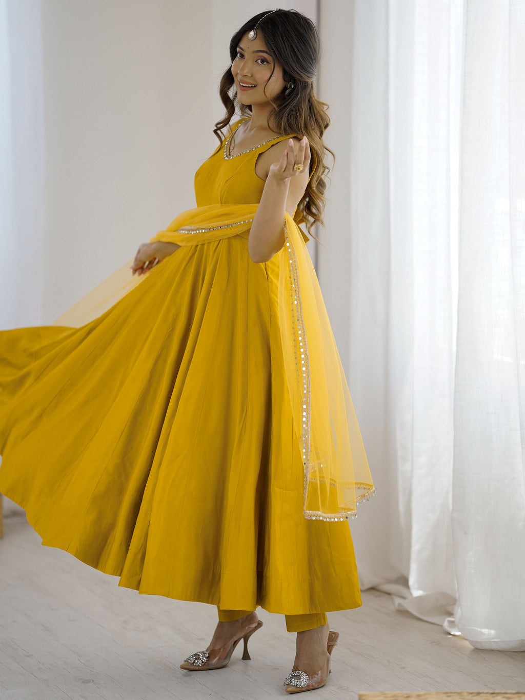 Yellow Roman Silk Chanderi Mirror Lace Anarkali Suit with Dupatta