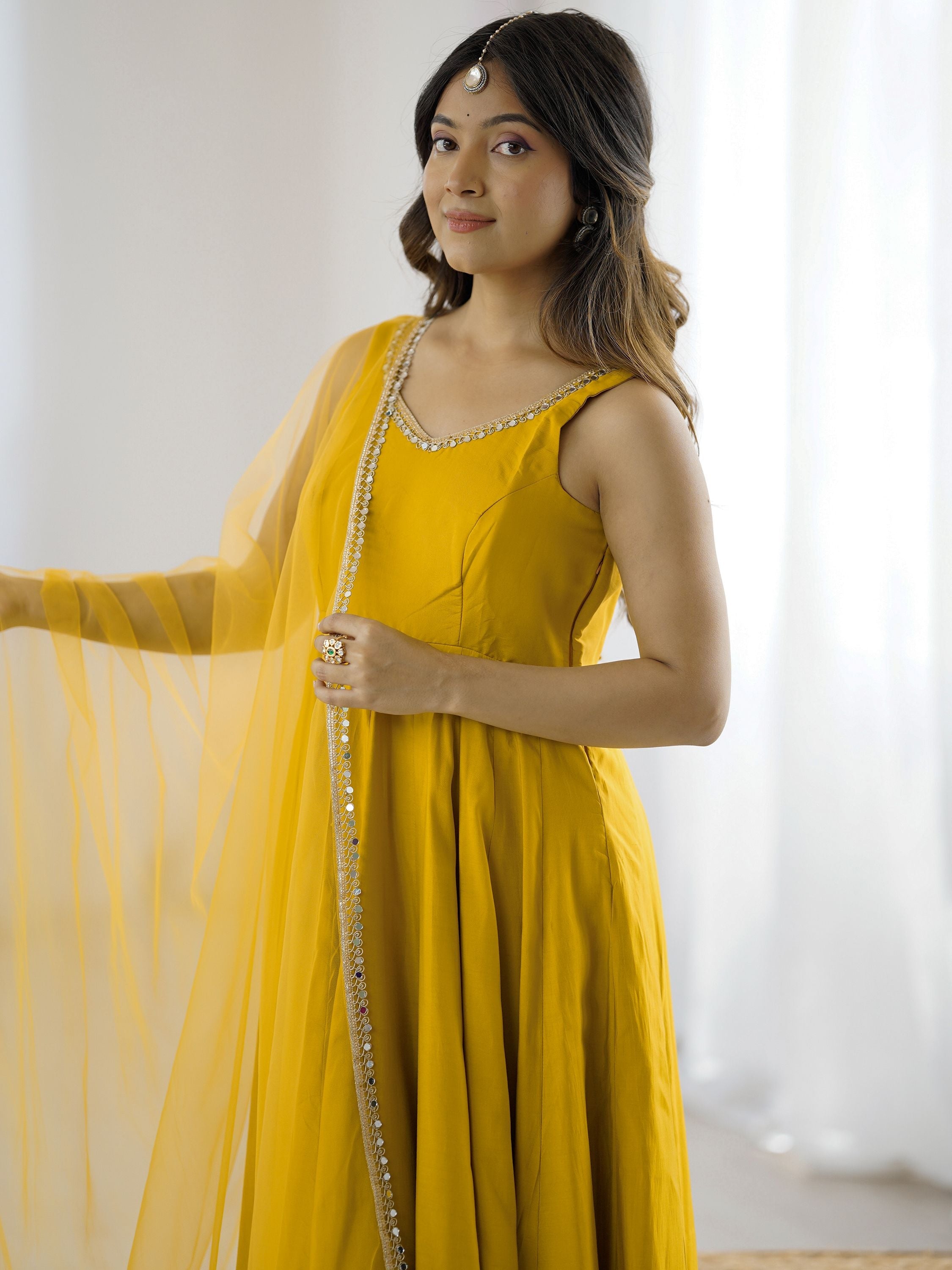 Yellow Roman Silk Chanderi Mirror Lace Anarkali Suit with Dupatta