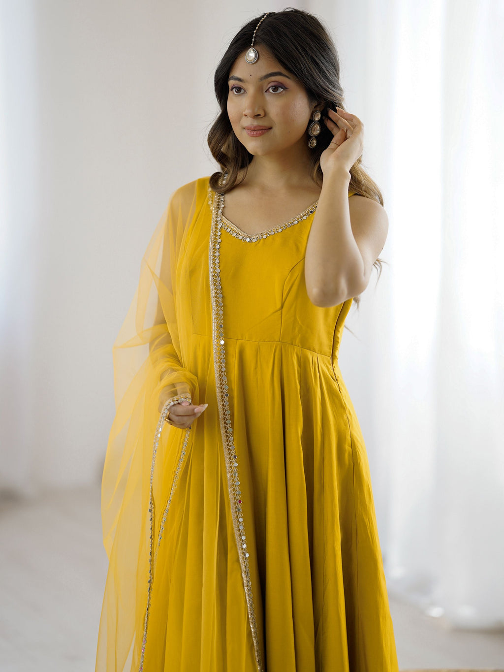 Yellow Roman Silk Chanderi Mirror Lace Anarkali Suit with Dupatta