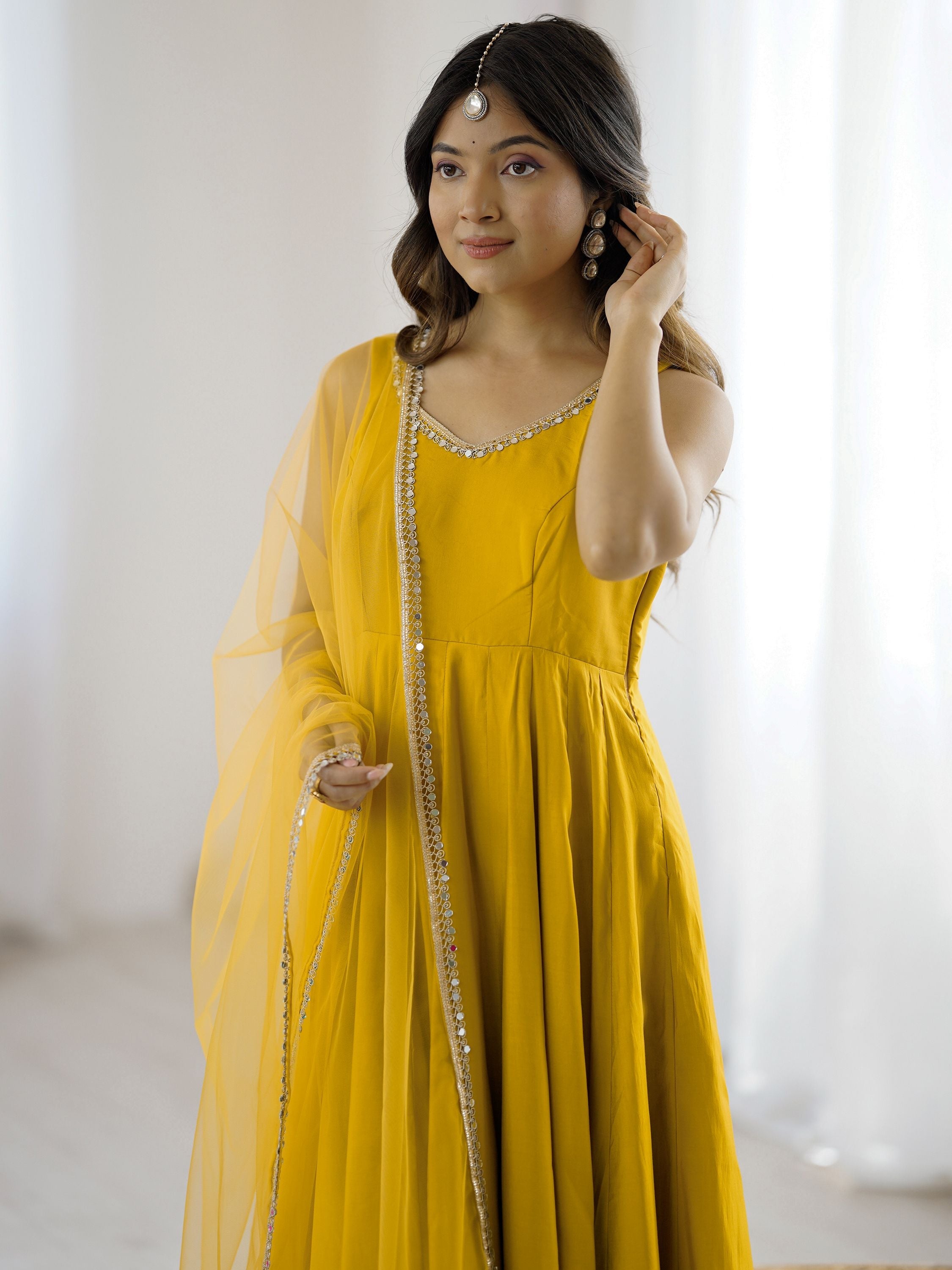 Yellow Roman Silk Chanderi Mirror Lace Anarkali Suit with Dupatta