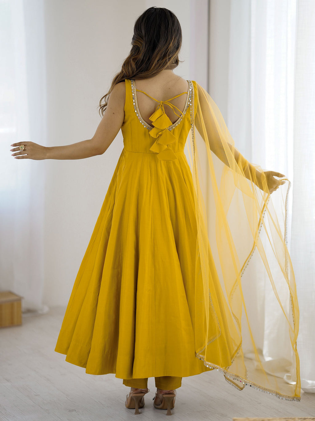 Yellow Roman Silk Chanderi Mirror Lace Anarkali Suit with Dupatta