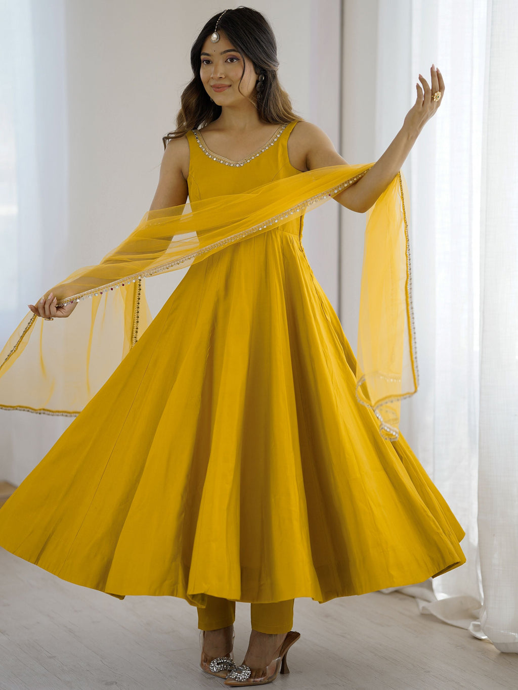 Yellow Roman Silk Chanderi Mirror Lace Anarkali Suit with Dupatta