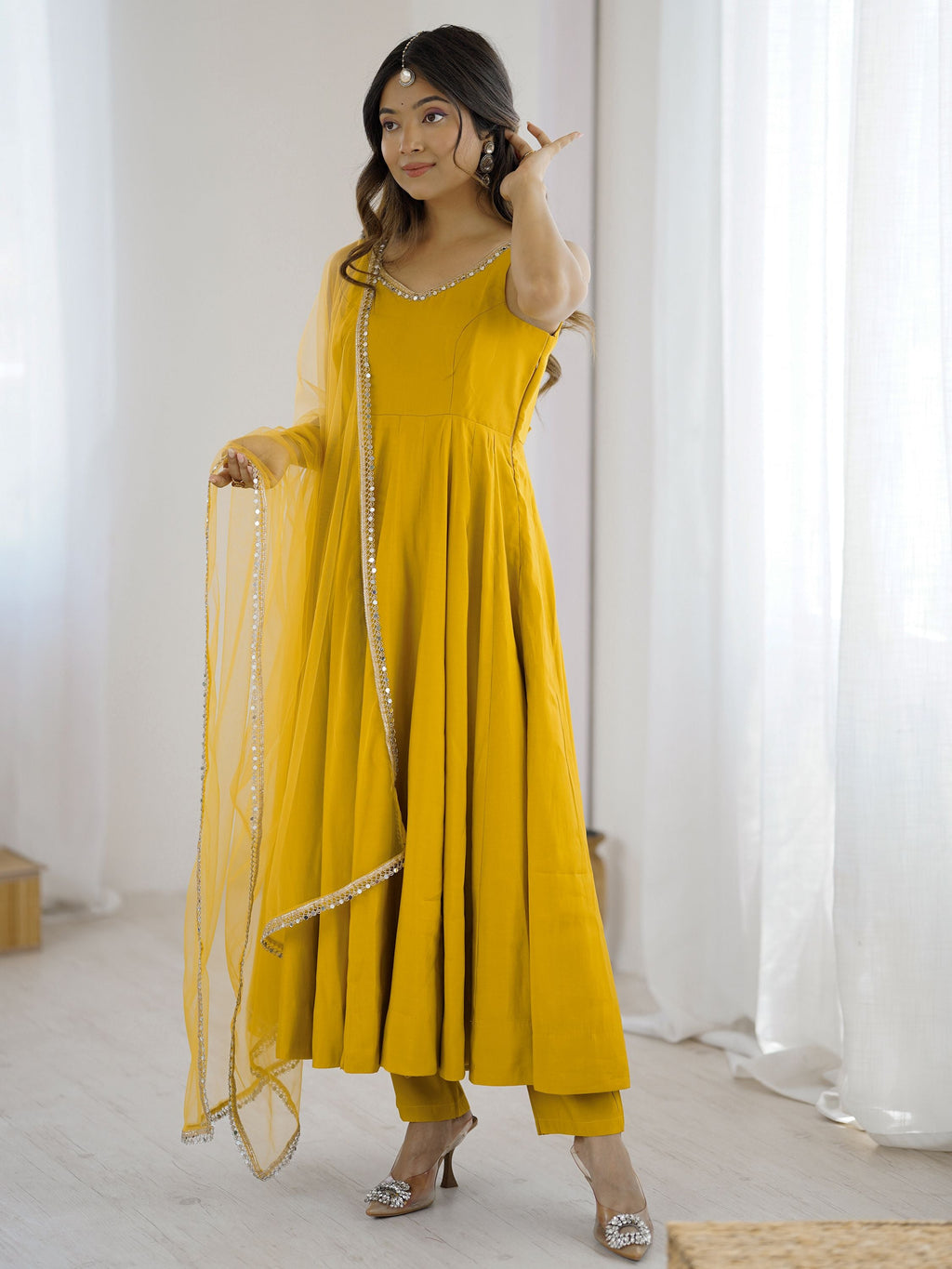 Yellow Roman Silk Chanderi Mirror Lace Anarkali Suit with Dupatta