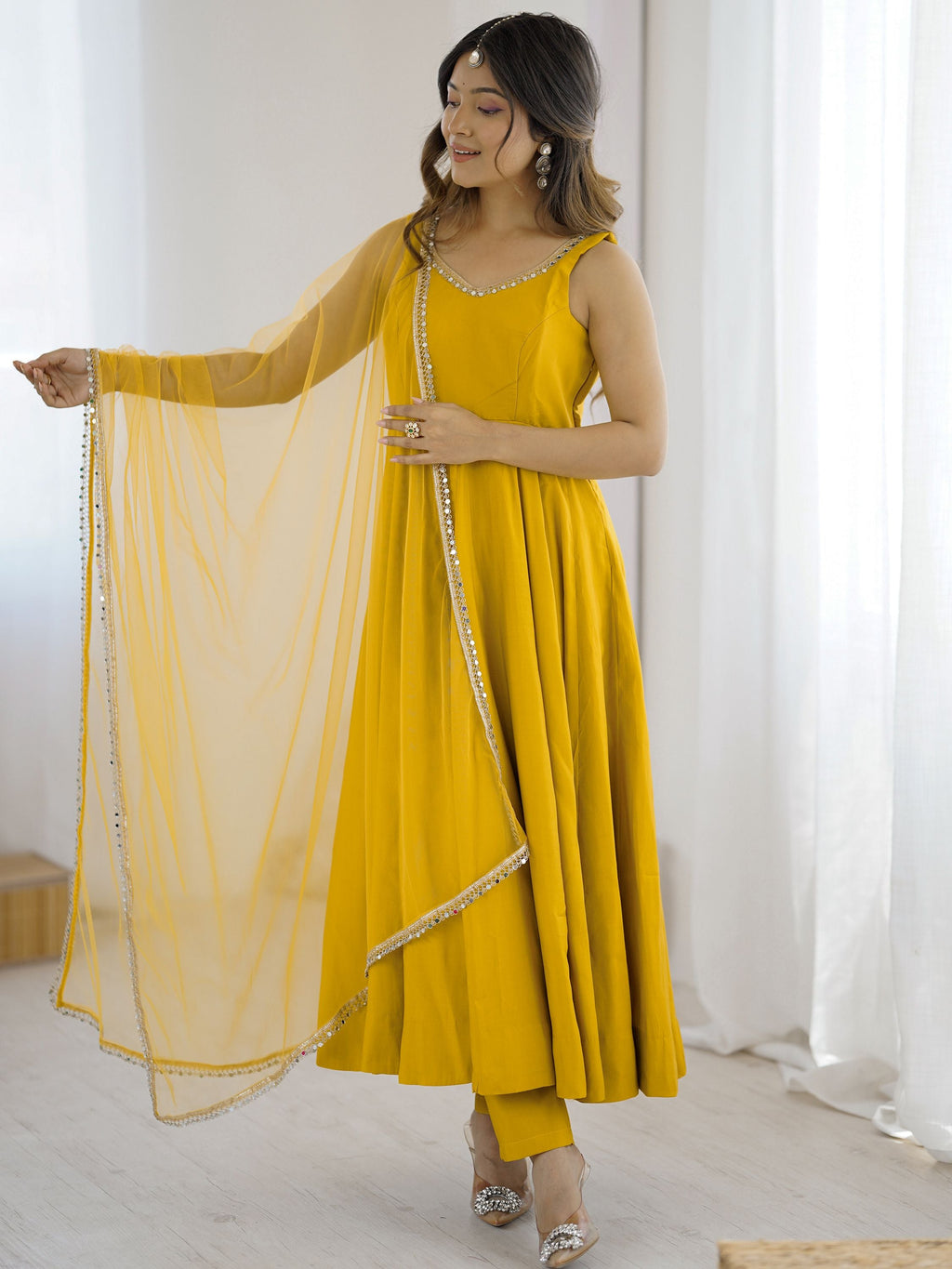 Yellow Roman Silk Chanderi Mirror Lace Anarkali Suit with Dupatta