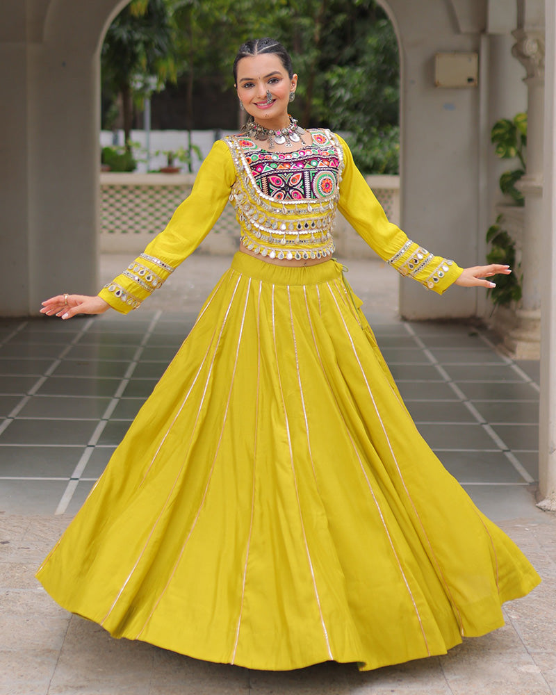 Yellow Roman silk Gota Patti lace and Kutchi Gamthi embroidered lehenga choli