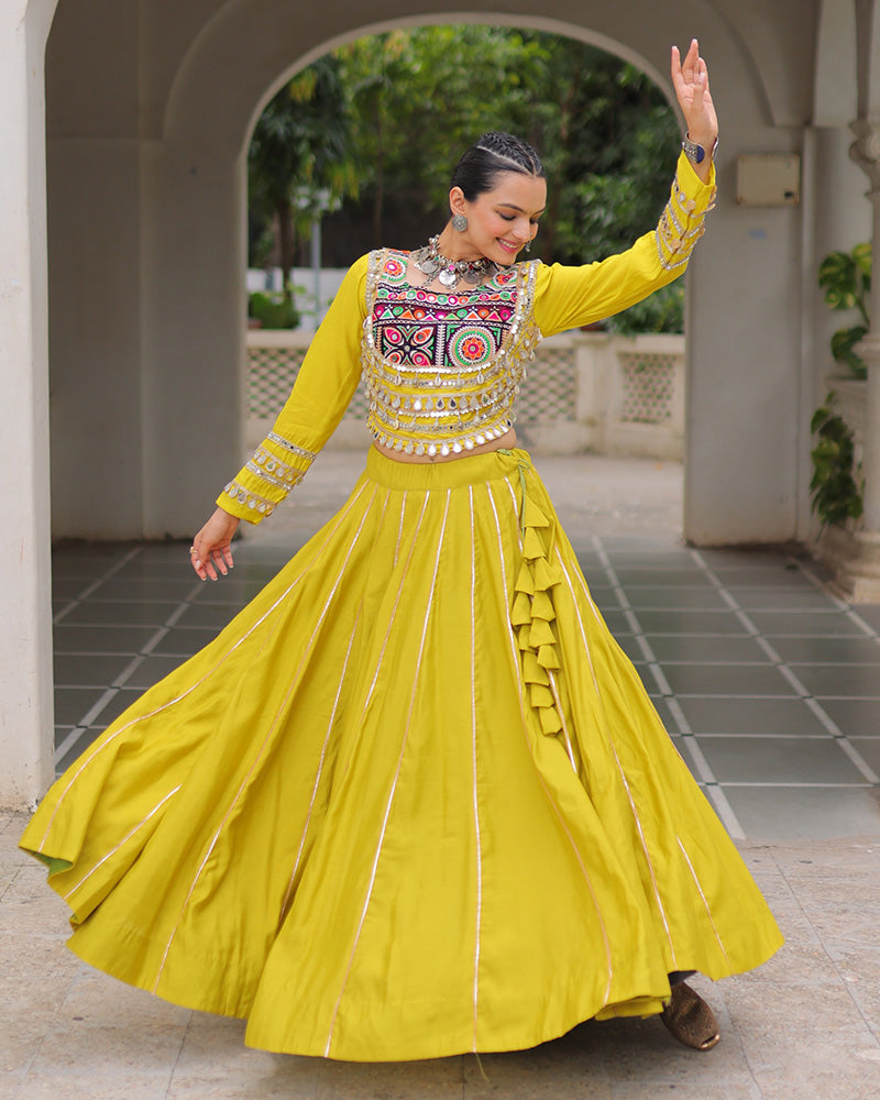 Yellow Roman silk Gota Patti lace and Kutchi Gamthi embroidered lehenga choli