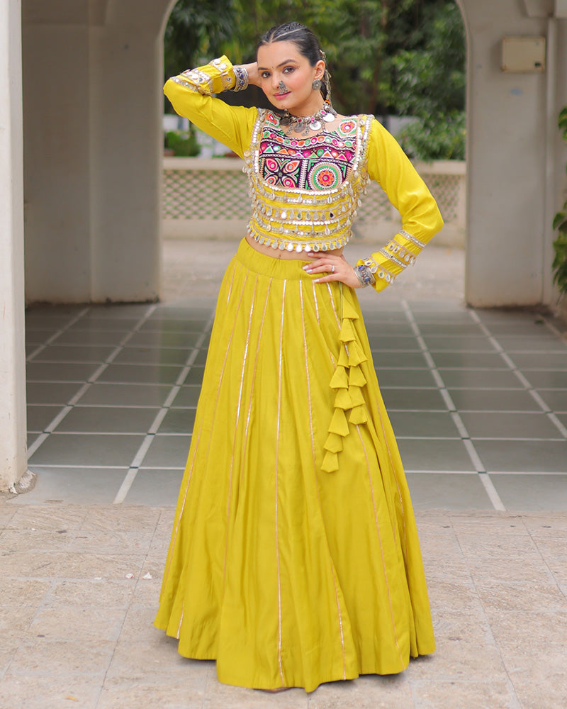 Yellow Roman silk Gota Patti lace and Kutchi Gamthi embroidered lehenga choli