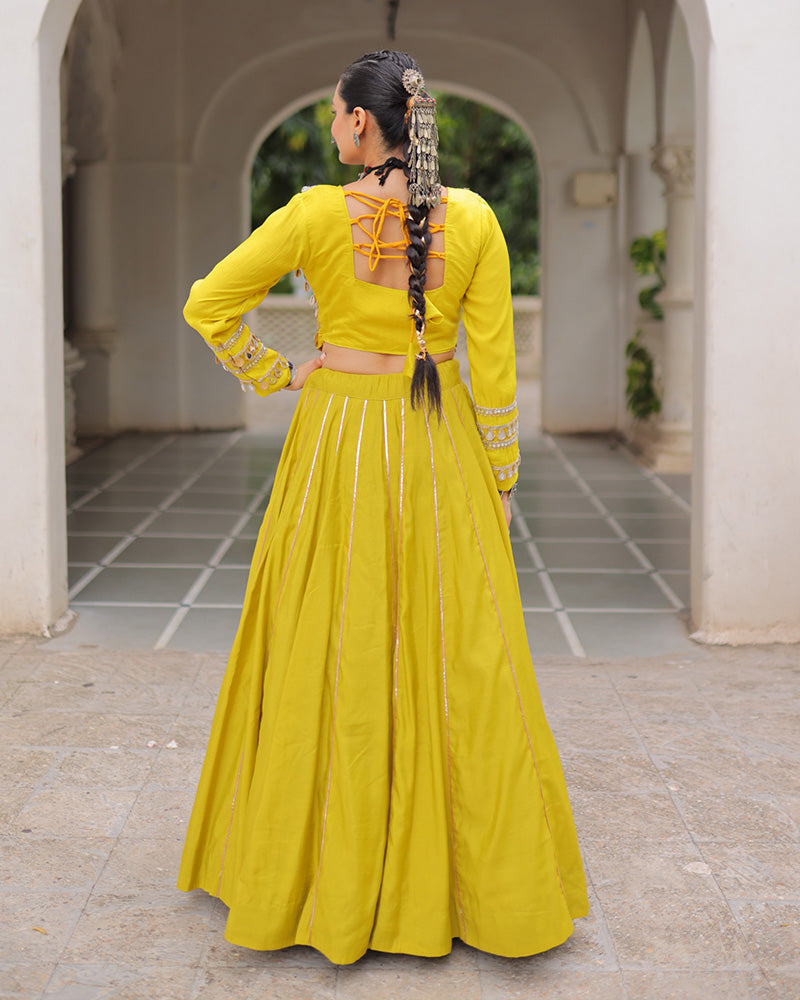 Yellow Roman silk Gota Patti lace and Kutchi Gamthi embroidered lehenga choli