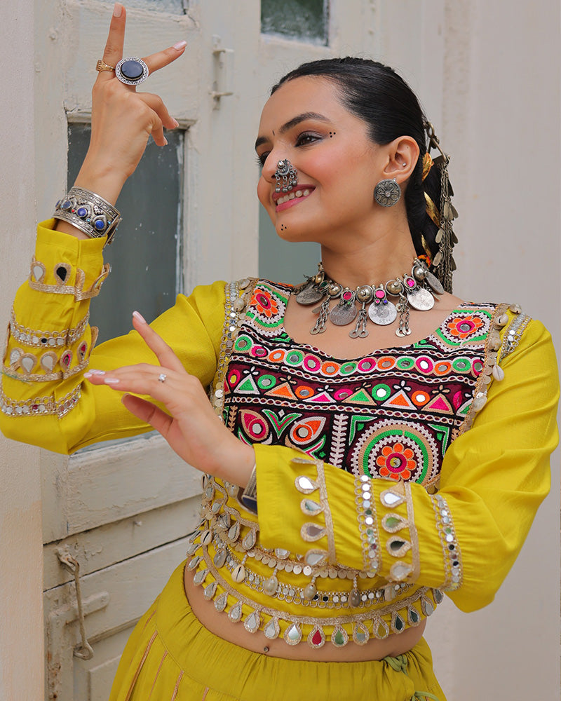 Yellow Roman silk Gota Patti lace and Kutchi Gamthi embroidered lehenga choli