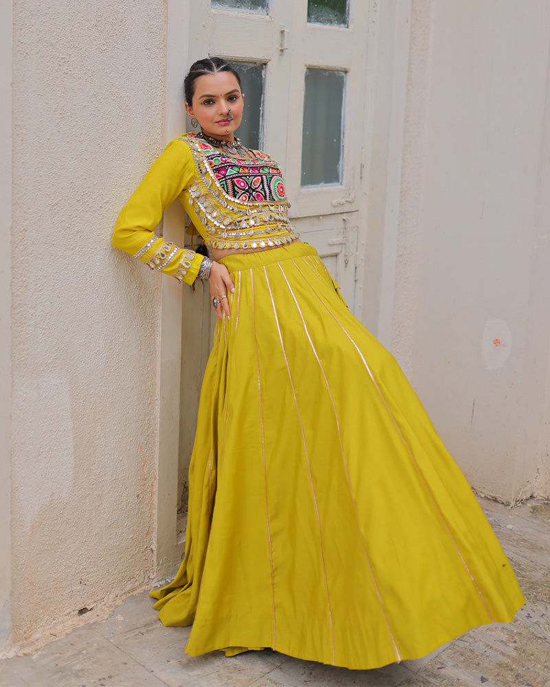 Yellow Roman silk Gota Patti lace and Kutchi Gamthi embroidered lehenga choli