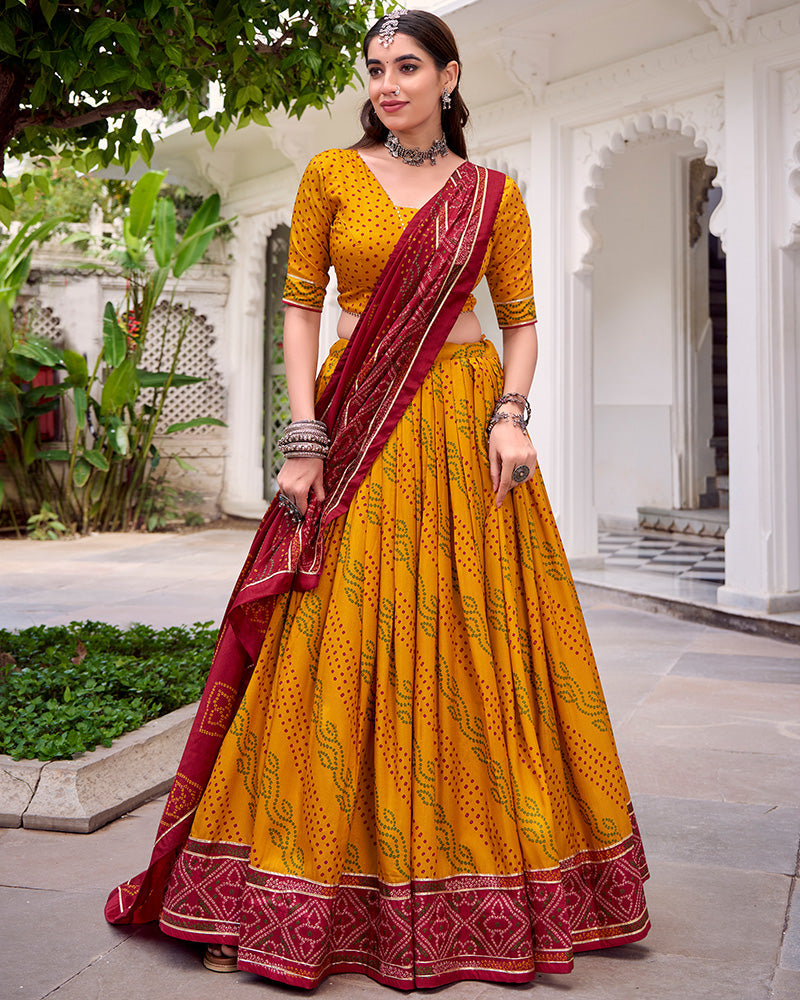 Yellow Silk Bandhani Print Gotta Patti Lace Work Lehenga Choli