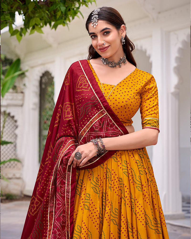 Yellow Silk Bandhani Print Gotta Patti Lace Work Lehenga Choli