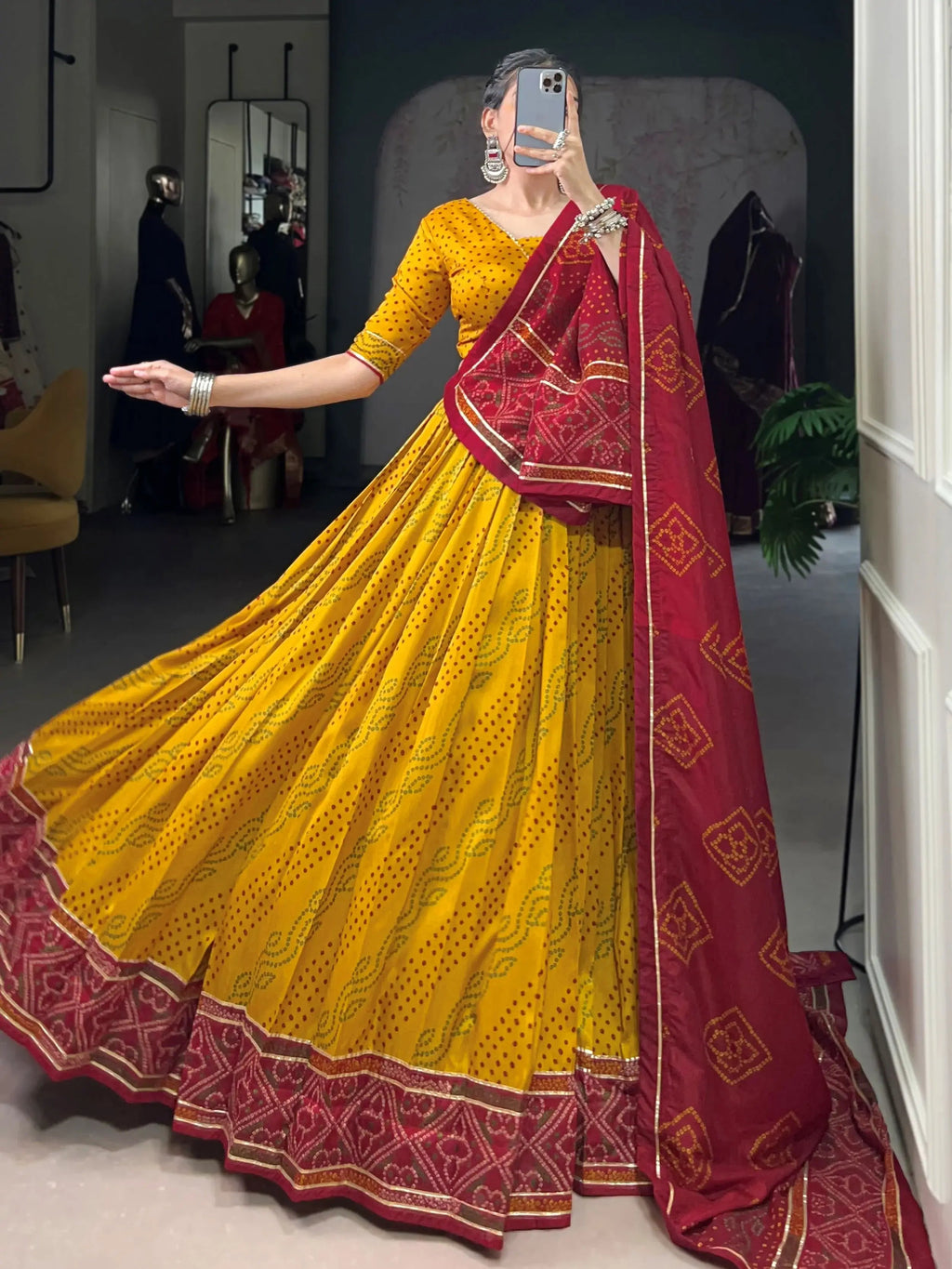 Yellow Silk Bandhani Print Gotta Patti Lace Work Lehenga Choli
