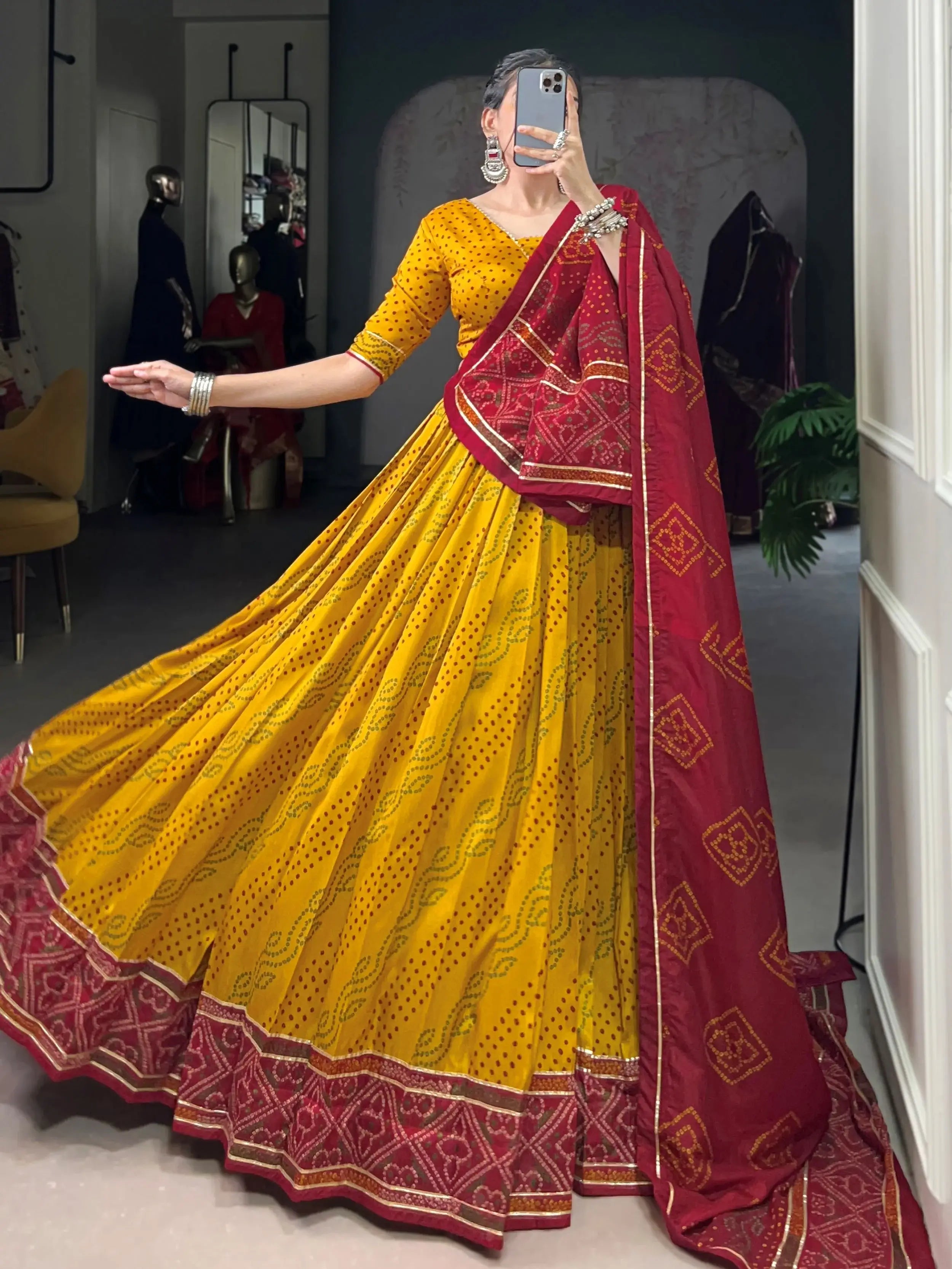 Yellow Silk Bandhani Print Gotta Patti Lace Work Lehenga Choli
