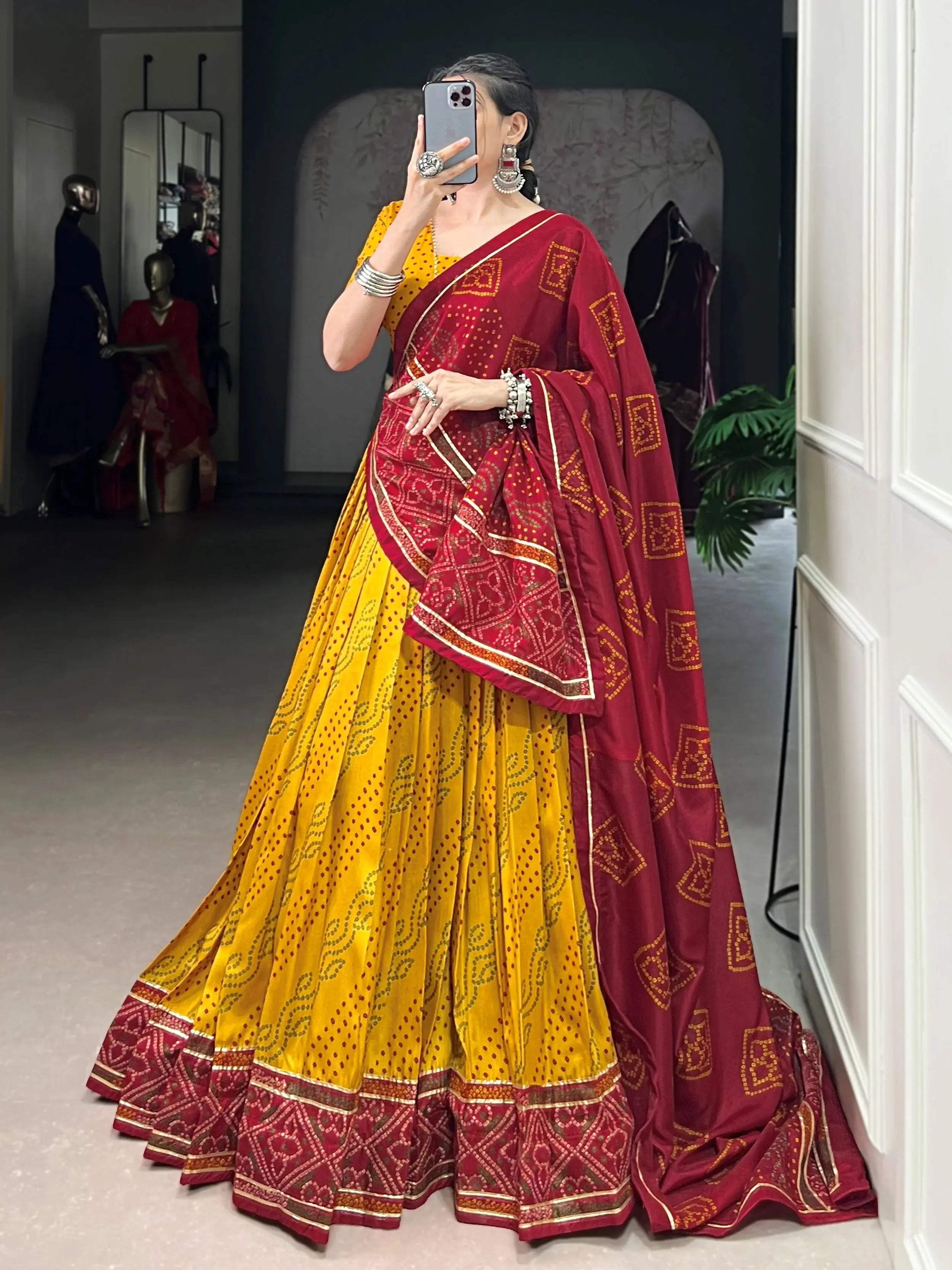 Yellow Silk Bandhani Print Gotta Patti Lace Work Lehenga Choli