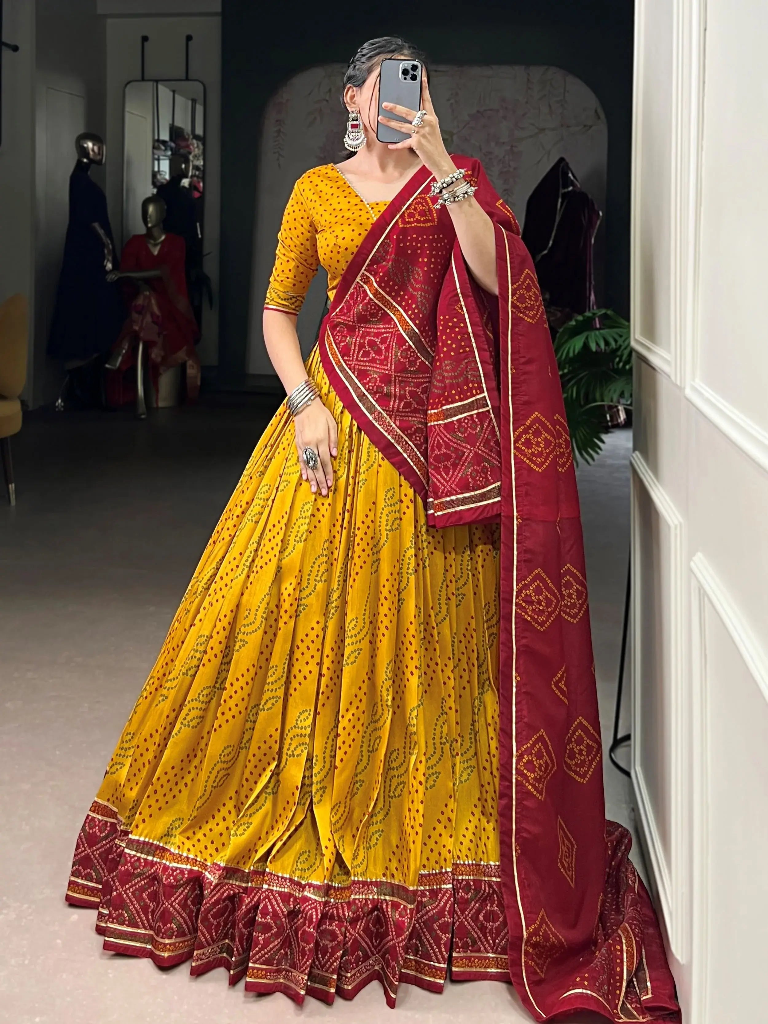 Yellow Silk Bandhani Print Gotta Patti Lace Work Lehenga Choli