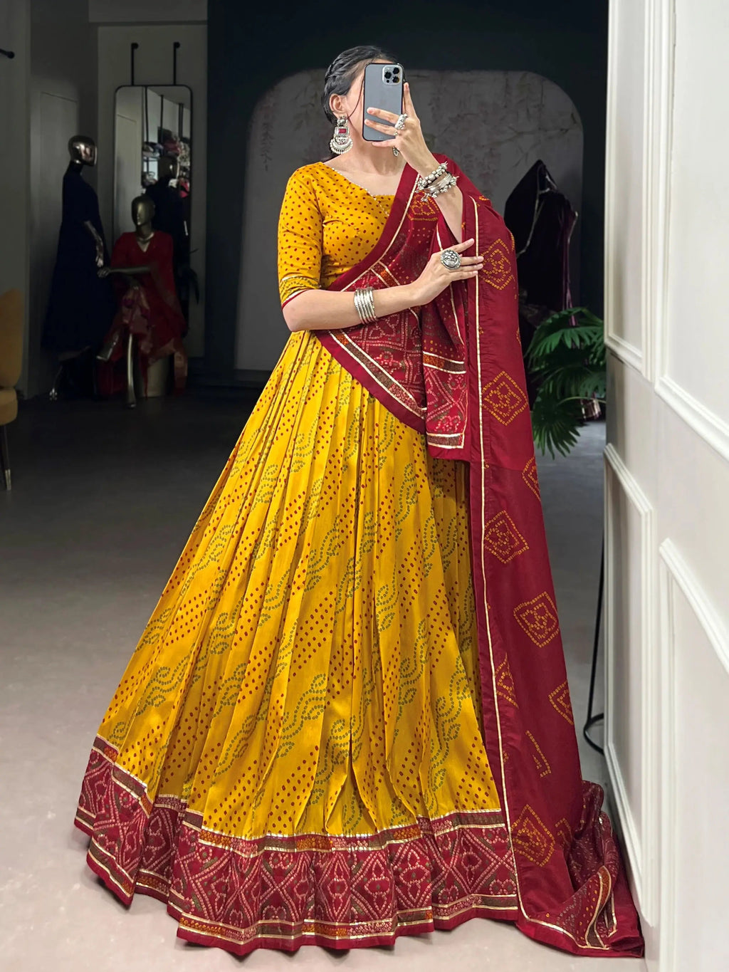 Yellow Silk Bandhani Print Gotta Patti Lace Work Lehenga Choli
