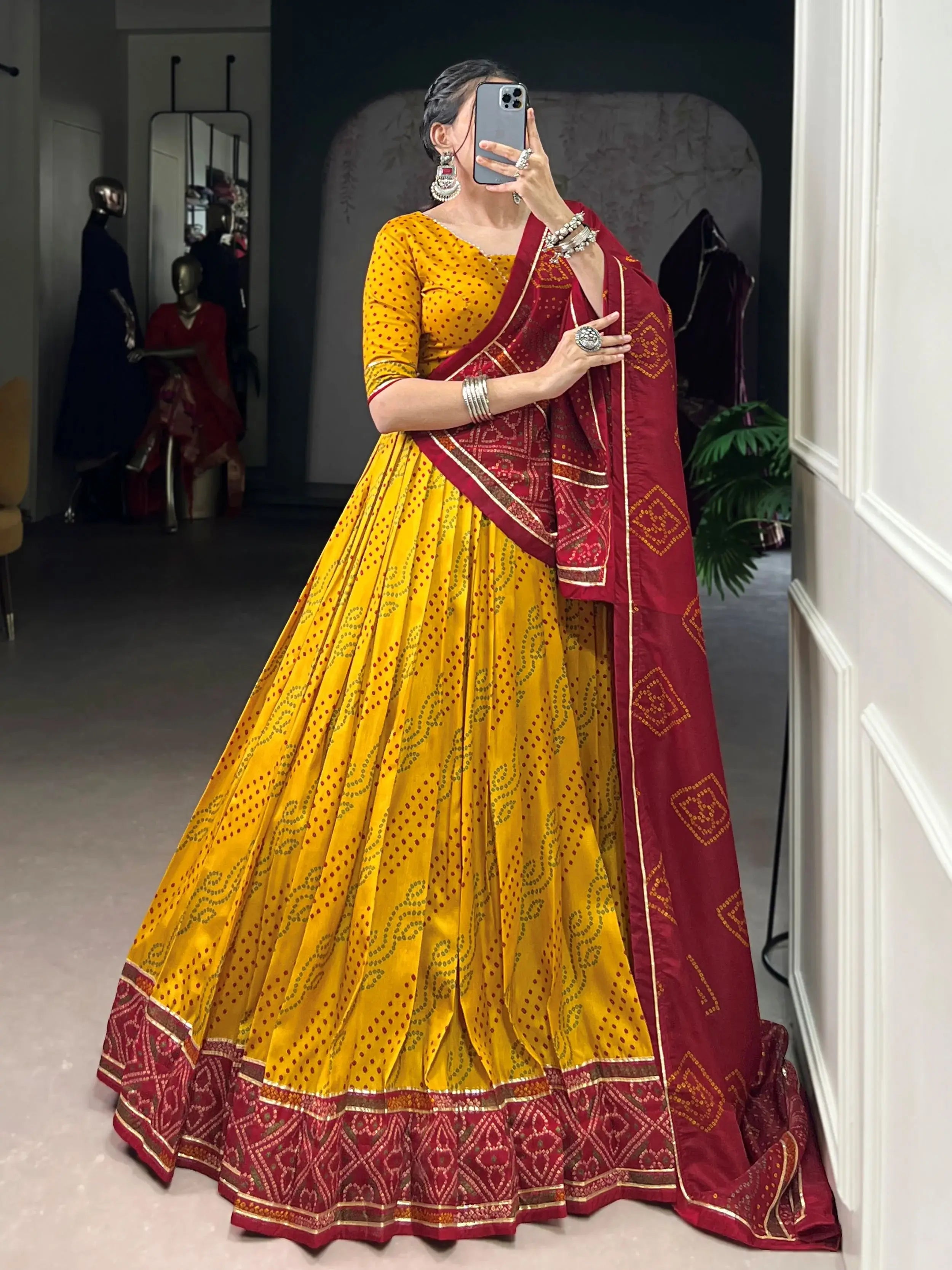 Yellow Silk Bandhani Print Gotta Patti Lace Work Lehenga Choli