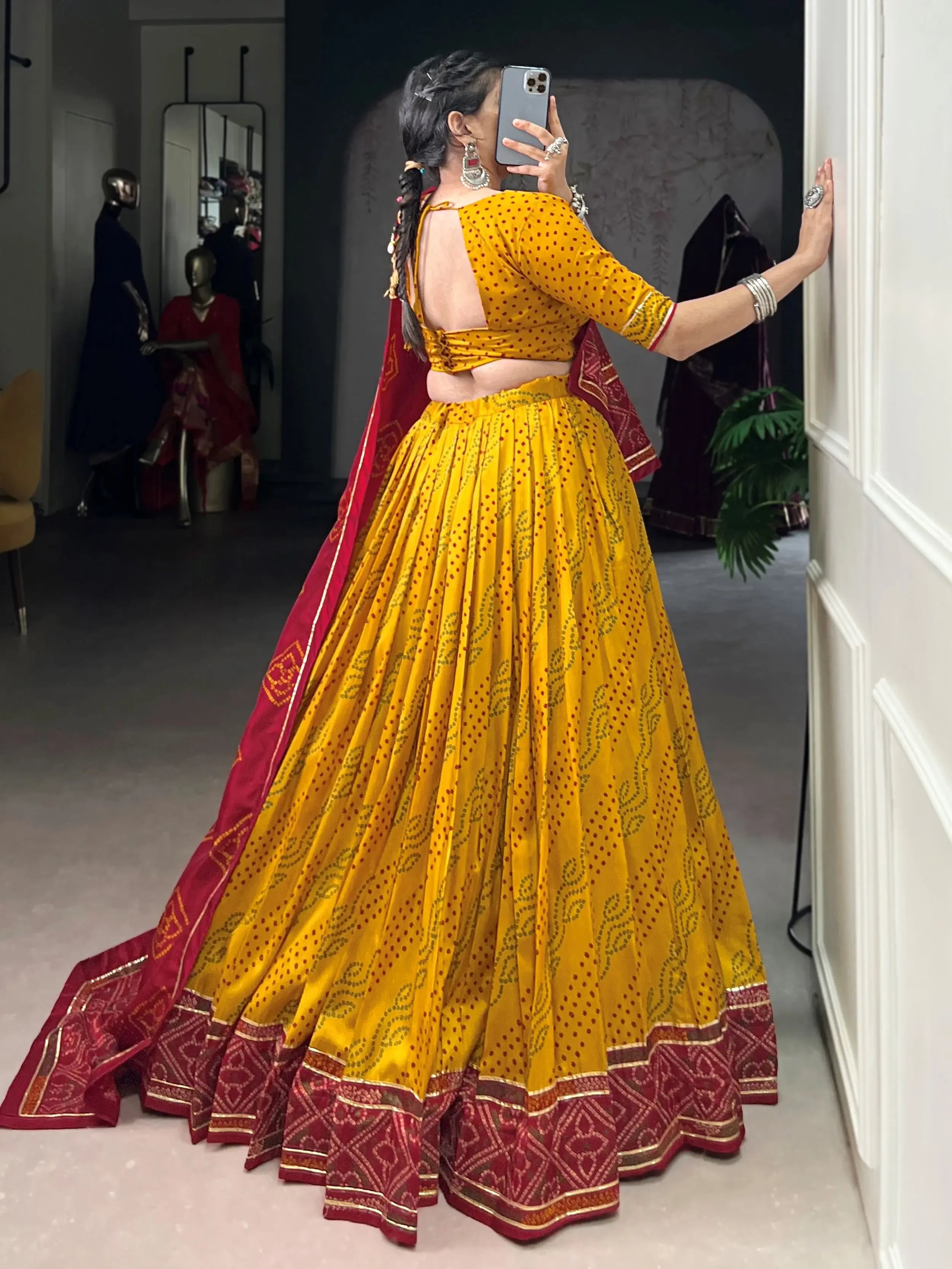 Yellow Silk Bandhani Print Gotta Patti Lace Work Lehenga Choli