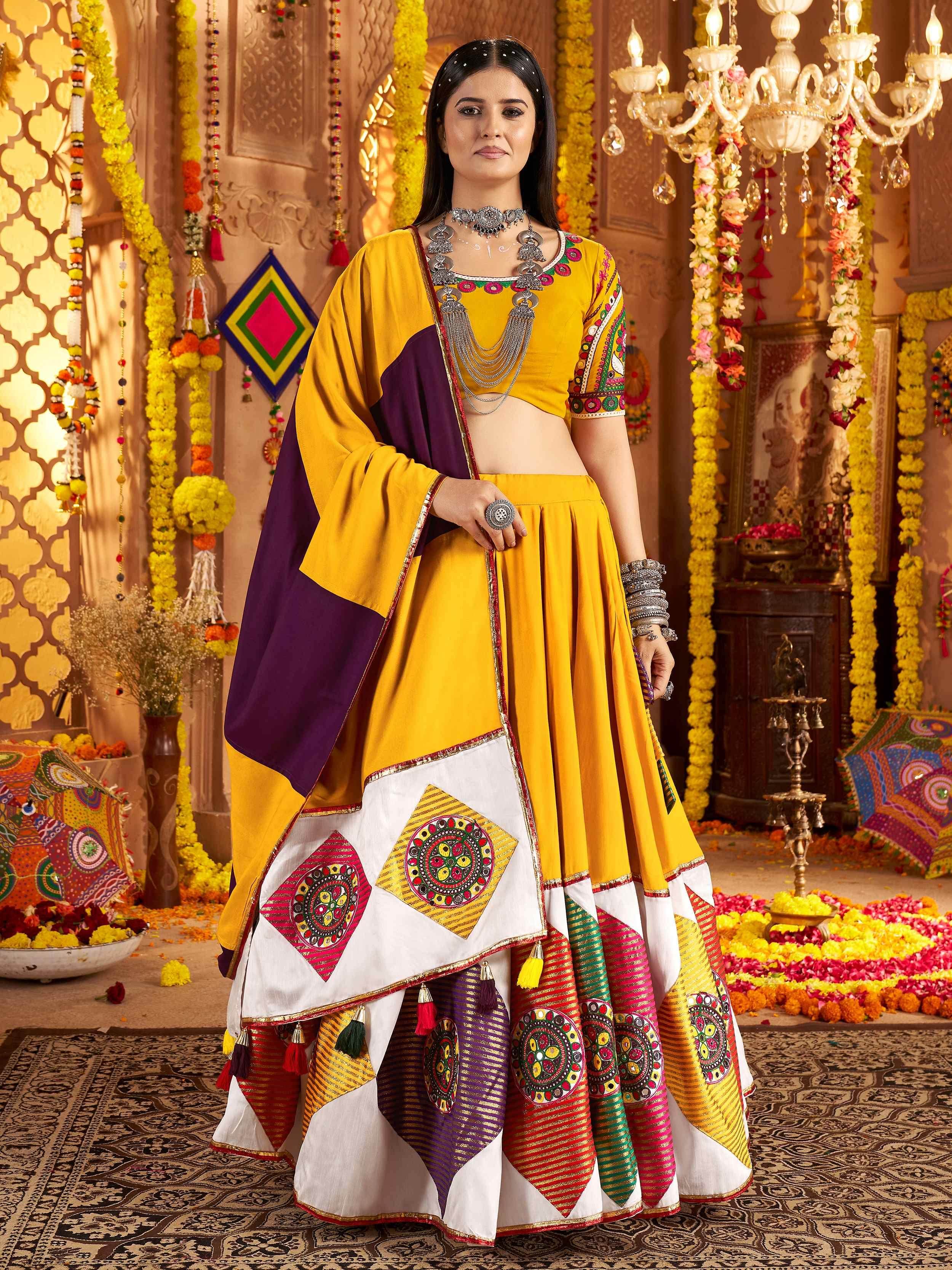 Yellow Viscose Cotton Thread Embroidery Navratri Lehenga Choli