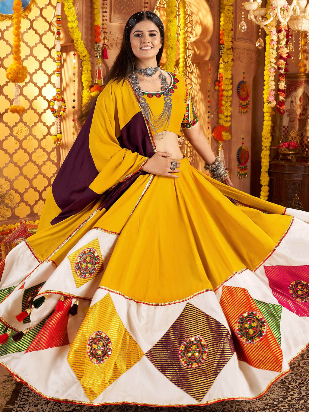 Yellow Viscose Cotton Thread Embroidery Navratri Lehenga Choli