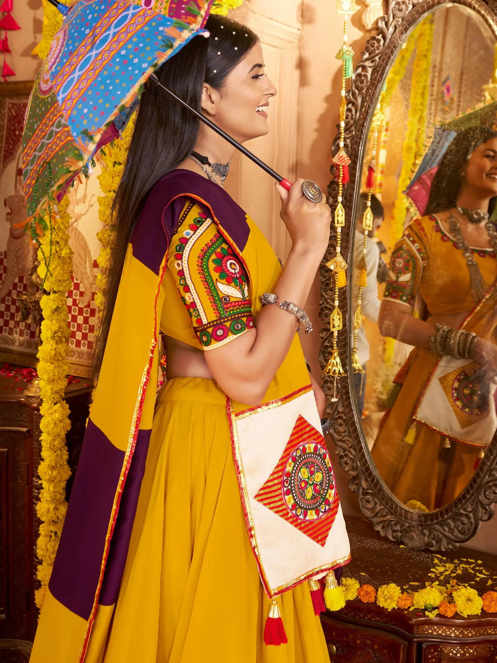 Yellow Viscose Cotton Thread Embroidery Navratri Lehenga Choli