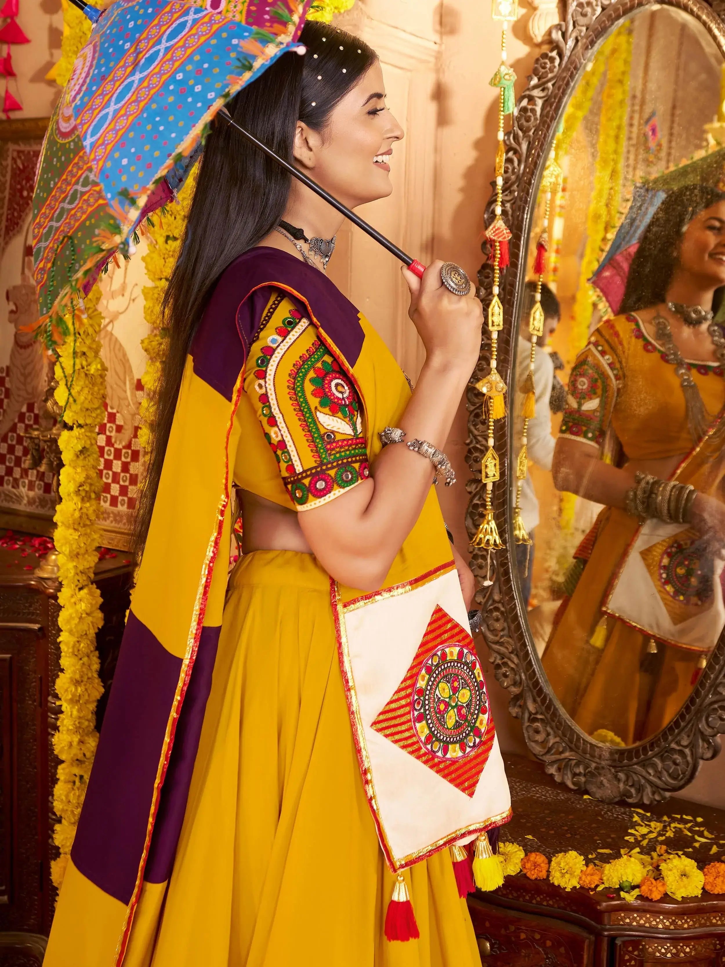 Yellow Viscose Cotton Thread Embroidery Navratri Lehenga Choli