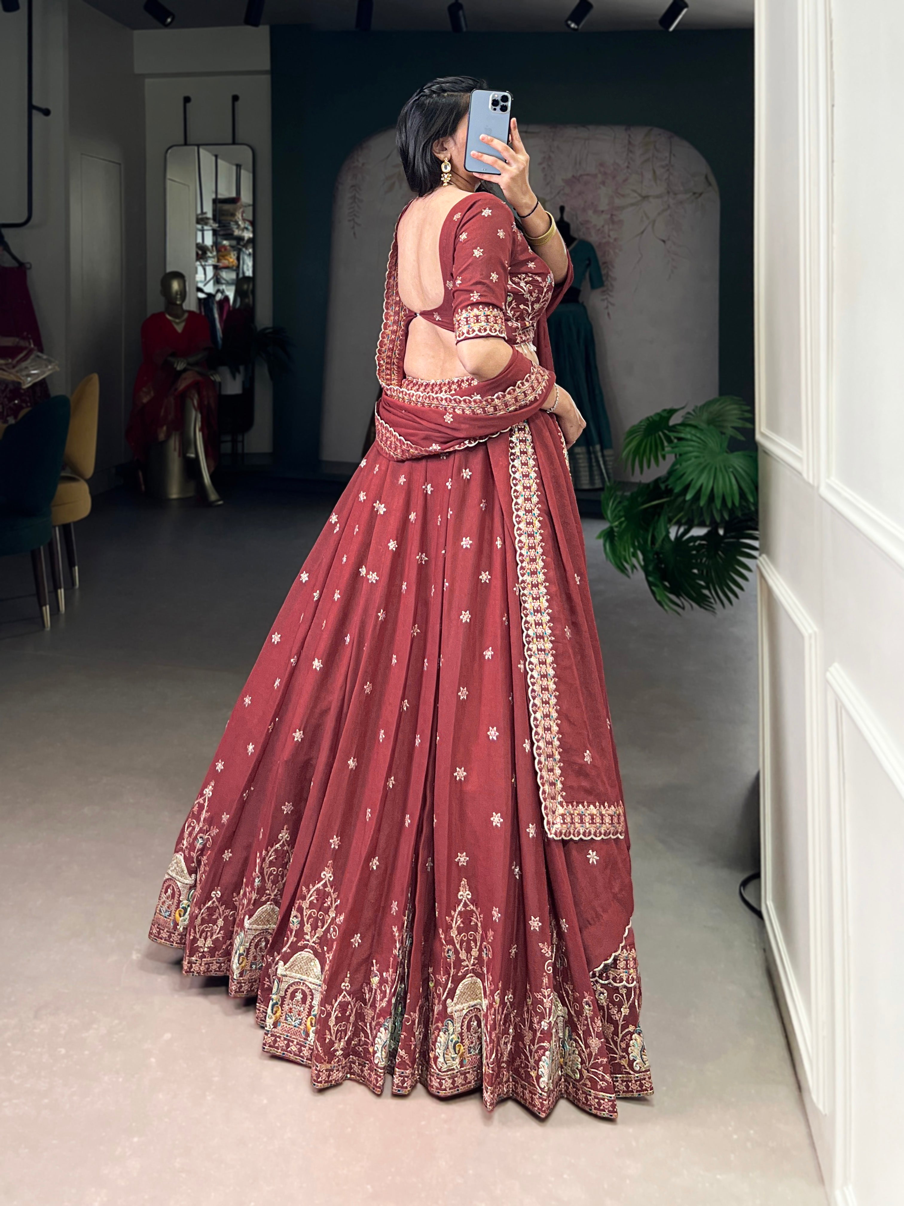 Zarakh Rust Maroon Silk Sequins and Thread Embroidery Work Lehenga Choli