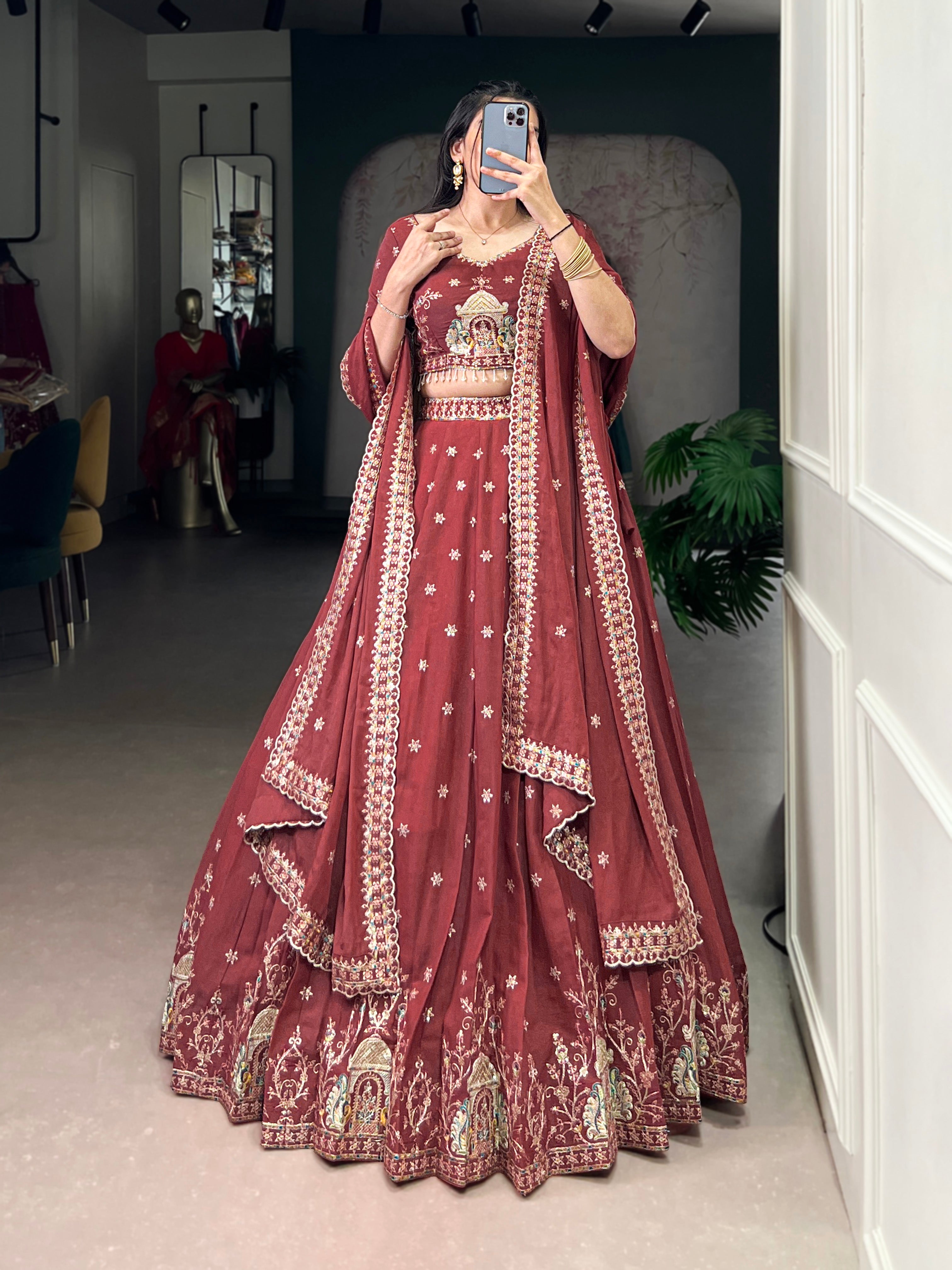 Zarakh Rust Maroon Silk Sequins and Thread Embroidery Work Lehenga Choli