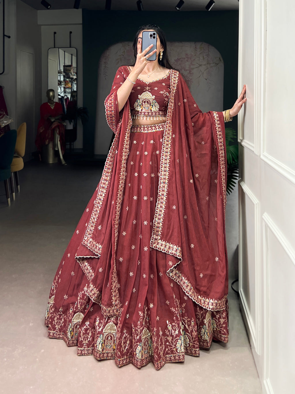 Zarakh Rust Maroon Silk Sequins and Thread Embroidery Work Lehenga Choli