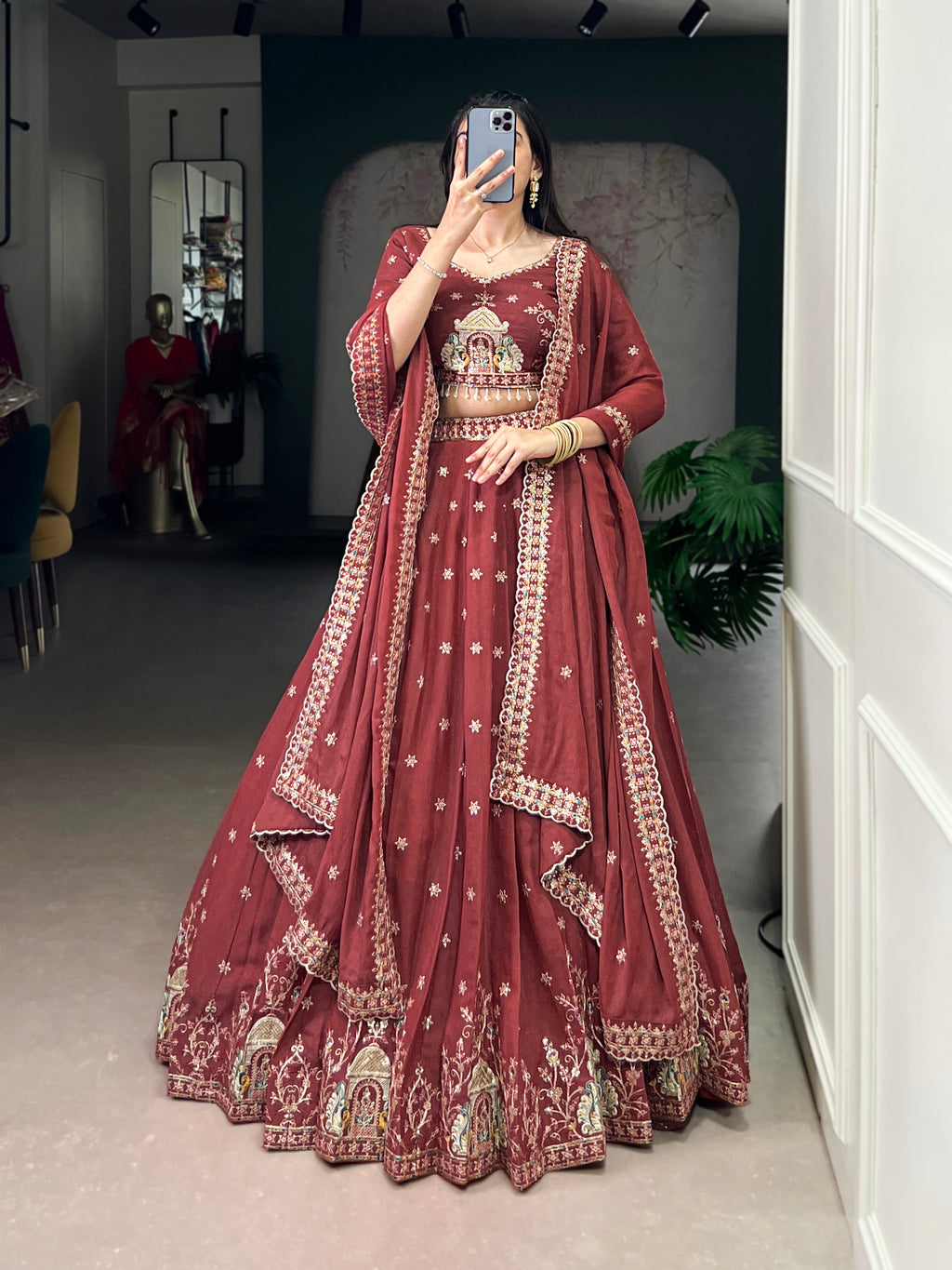 Zarakh Rust Maroon Silk Sequins and Thread Embroidery Work Lehenga Choli