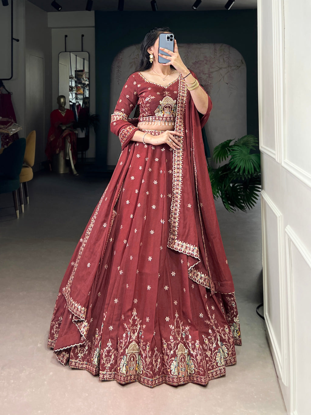 Zarakh Rust Maroon Silk Sequins and Thread Embroidery Work Lehenga Choli