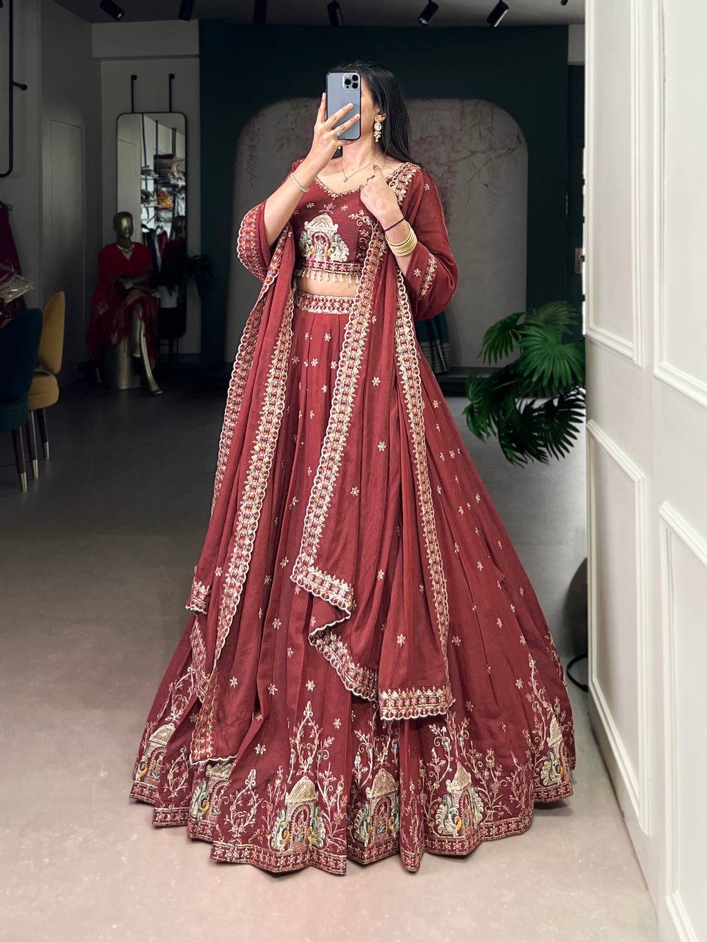 Zarakh Rust Maroon Silk Sequins and Thread Embroidery Work Lehenga Choli
