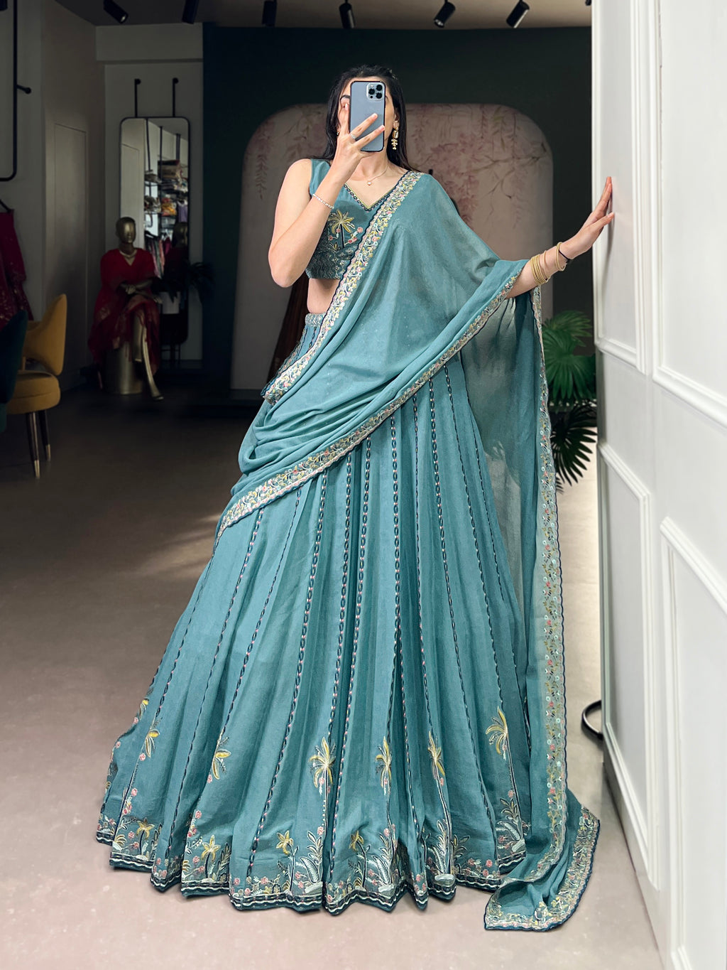 Zarakh Sky Blue Color Silk Sequins Thread Embroidery Work Lehenga Choli