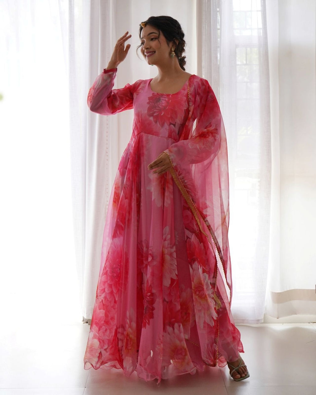 Ishanvi pink printed anarkali suit set