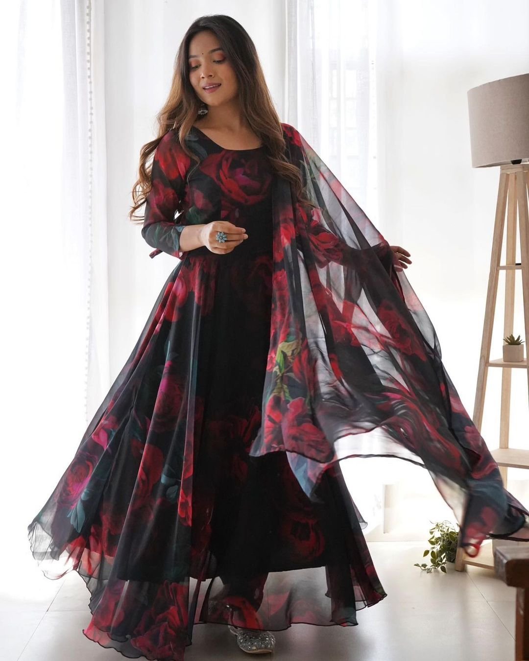 Bloom Black Printed Georgette Anarkali Suit Set