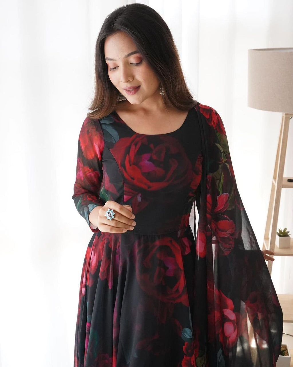 Bloom Black Printed Georgette Anarkali Suit Set