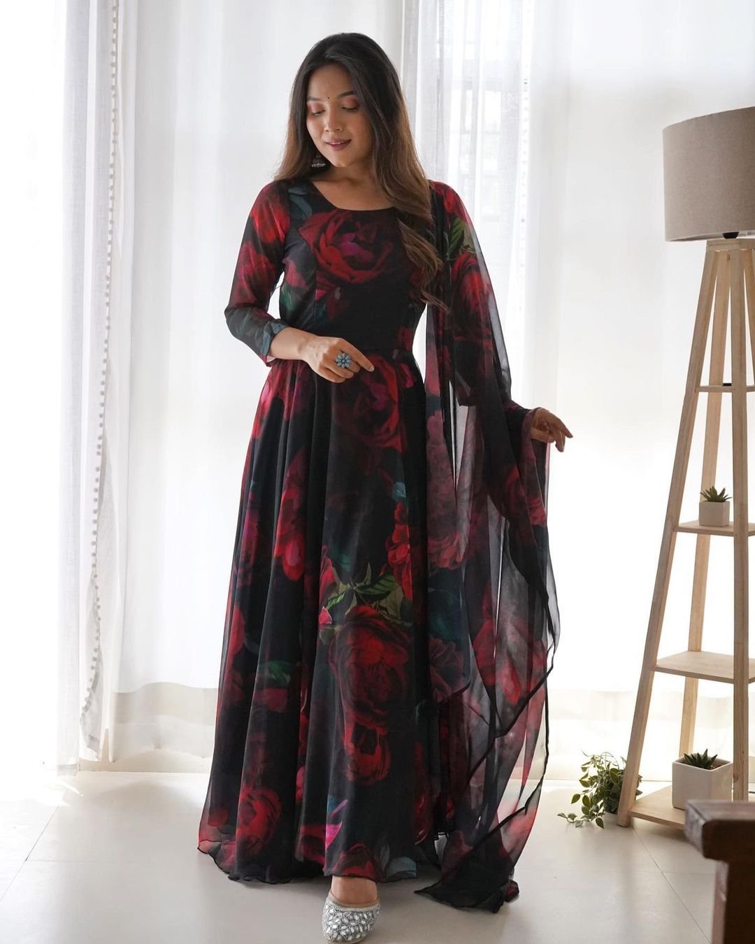 Bloom Black Printed Georgette Anarkali Suit Set