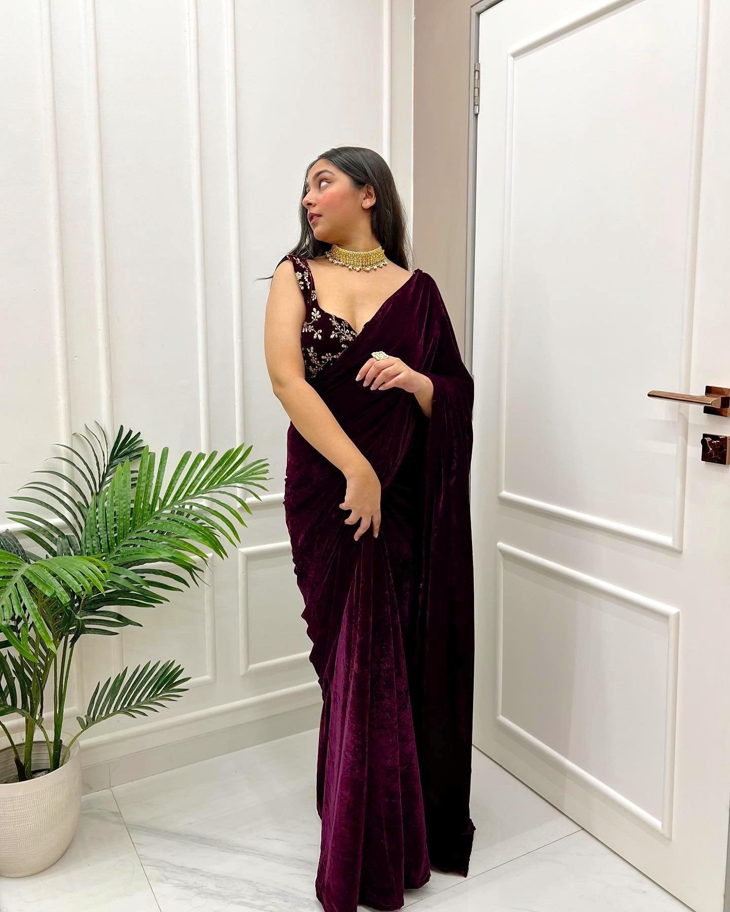 Vino Velvet Elegance: Wine-Colored Saree